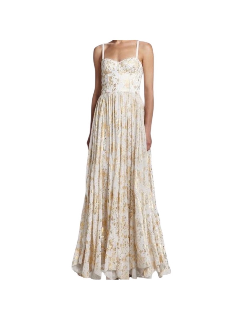 Alice + Olivia White Maxi Dress with Gold Speckle Print and Spaghetti Straps